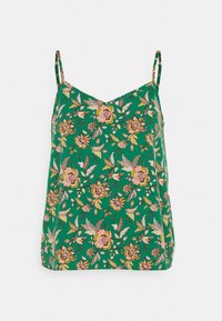 Camisola verde floral com alças ajustáveis. Apresenta um padrão delicado de flores rosa e amarelas, com um design solto e fluido.