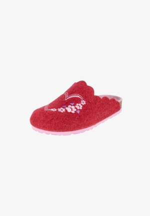 Chausson en feutre rouge avec bords festonnés, broderie florale rose et violette, et semelle rose clair.