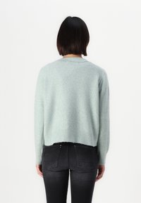 Grön stickad tröja med avslappnad passform, rund halsringning och ribbad nederkant, ihop med mörka denimjeans. Mjuk textur och kortad längd.