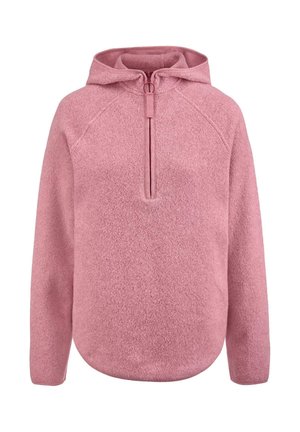 Fleece hoodie in lichtroze met een kwart-rits hals. Voorzien van raglanmouwen en een ronde zoom. Zachte textuur, minimalistisch ontwerp, geen patronen.