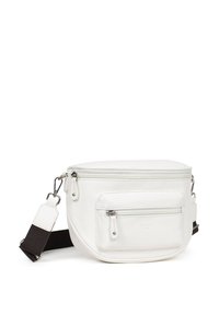 Borsa a tracolla in pelle bianca di forma rotonda, con tracolla regolabile, chiusura con zip e tasca anteriore con un piccolo dettaglio a zip.