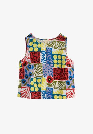 Daugiaspalvė berankovė palaidinė, kurią puošia gėlių ir geometrinių raštų skiaučių derinys raudonos, mėlynos, žalios, geltonos ir baltos spalvų audiniu.