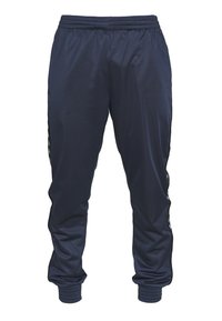 Pantalones de chándal azul marino hechos de una suave tela sintética. Cuentan con una cintura elástica, puños acanalados y paneles laterales de patrón en contraste.