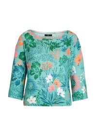 Top con stampa floreale su sfondo turchese, dotato di maniche 3/4, scollatura a barca e vari motivi di fiori e fogliame colorati. Tessuto in cotone.
