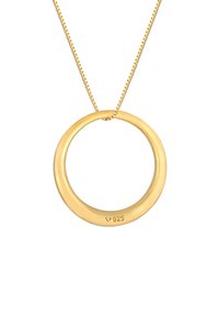 Guldfarvet halskæde med en glat, cirkulær vedhæng. Kæden har et tekstureret design. Stemplet "925" for sølvindhold.