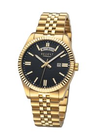 Montre dorée avec un cadran noir texturé, une fenêtre de date et des index; elle possède un bracelet à maillons et une lunette cannelée.