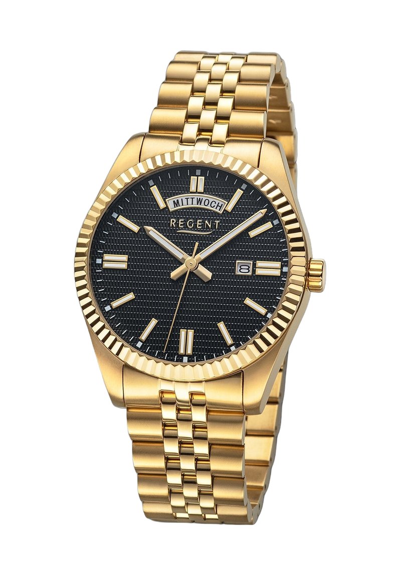 Montre dorée avec un cadran noir texturé, une fenêtre de date et des index; elle possède un bracelet à maillons et une lunette cannelée.