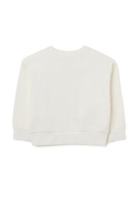 Sudadera de color blanco roto con cuello redondo y mangas largas. Presenta un dobladillo y puños acanalados. Textura suave, diseño minimalista.