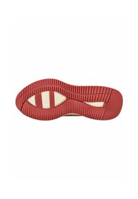 La suola della scarpa presenta un materiale in gomma di colore rosso con un pattern di presa testurizzato, delineato da un accento cremoso lungo i bordi per maggiore flessibilità.