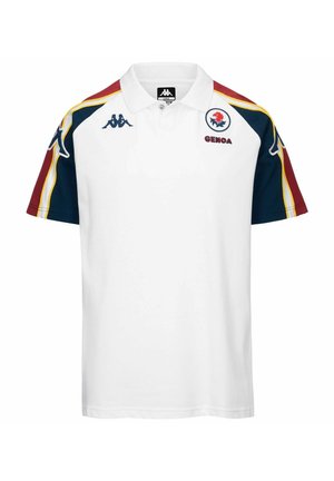 Polo blanc avec manches rayées rouges, marines et jaunes, logos Kappa sur les épaules et écusson de l'équipe de Gênes sur la poitrine.