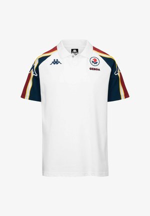 Polo blanc avec manches rayées rouges, marines et jaunes, logos Kappa sur les épaules et écusson de l'équipe de Gênes sur la poitrine.