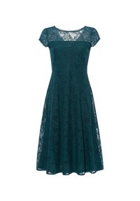 Robe en dentelle turquoise avec des manches courtes, un col rond et une jupe évasée. Présente des motifs de feuilles complexes sur l'ensemble du tissu.
