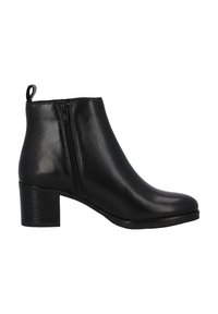 Bota negra de cuero hasta el tobillo con una punta redondeada, cierre lateral de cremallera y un tacón de bloque estriado. Textura suave con un diseño sencillo.