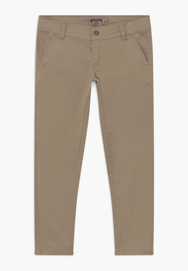 Pantalons en coton beige slim fit avec poches avant, passants de ceinture, fermeture à bouton et étiquette de marque sur la taille.