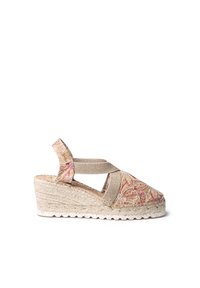 Sandali con zeppa con una parte superiore ricamata a fiori in tonalità crema e rosa, dotati di una piattaforma in juta e un design con cinturini incrociati elasticizzati.