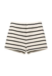 Gestreepte shorts in lichtbeige en donkergrijs, met een gestructureerde weving en een getailleerd ontwerp. Afgewerkt aan de onderrand met bijpassende stof.