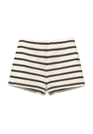 Shorts rayés en beige clair et gris foncé, avec un tissage texturé et une coupe ajustée. Bordés au bas avec un tissu assorti.