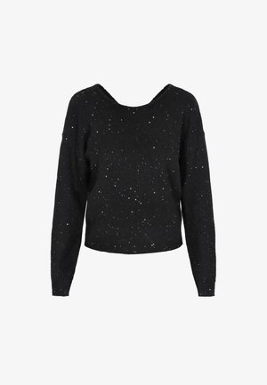 Juodas megztinis ilgomis rankovėmis ir plačiu apykaklės iškirpimu, dekoruotas blizgiais akcentais visame audinyje. Tekstūruota mezgimo medžiaga.