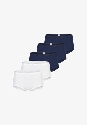 Cinque slip da donna in cotone disposti in fila, due bianchi davanti seguiti da tre blu navy dietro.