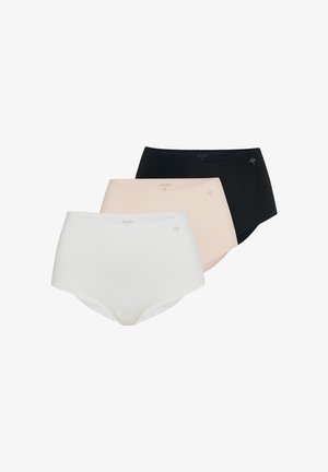 Kolmet naisten saumattomat korkeavyötäröiset alushousut valkoisina, beigenä ja mustina, jokaisessa pieni kukkakuvioinen logo ja tuotemerkin nimi edessä.