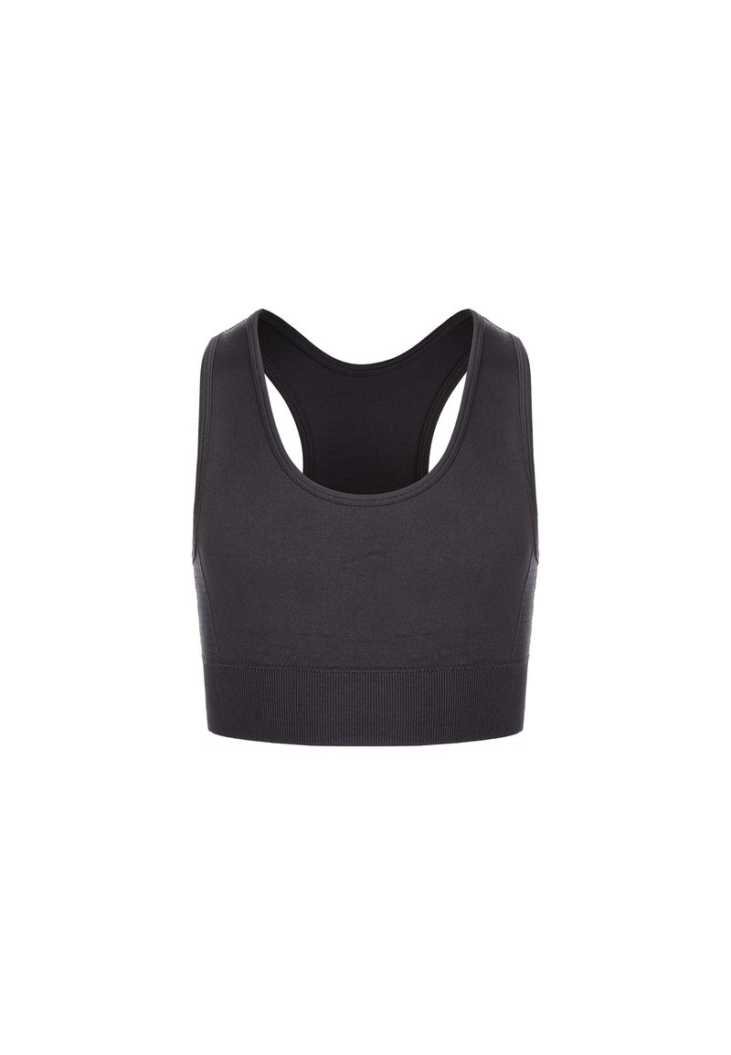 Zwarte sportbeha met een scoop halslijn en racerback ontwerp. Gemaakt van een gladde, elastische stof met een brede geribbelde band aan de onderkant.
