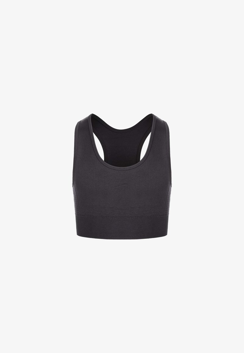 Schwarzer Sport-BH mit Rundhalsausschnitt und Racerback-Design. Hergestellt aus einem glatten, elastischen Stoff mit einem breiten gerippten Bund am unteren Ende.
