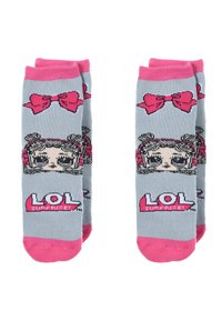 Gray socks featuring a cartoon character with pigtails, pink bow designs, and bold "LOL Surprise!" text, accented with pink cuffs and soles.