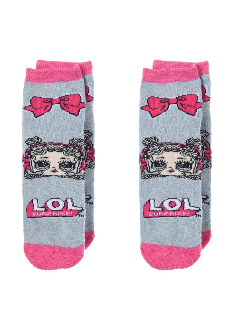 Gray socks featuring a cartoon character with pigtails, pink bow designs, and bold "LOL Surprise!" text, accented with pink cuffs and soles.