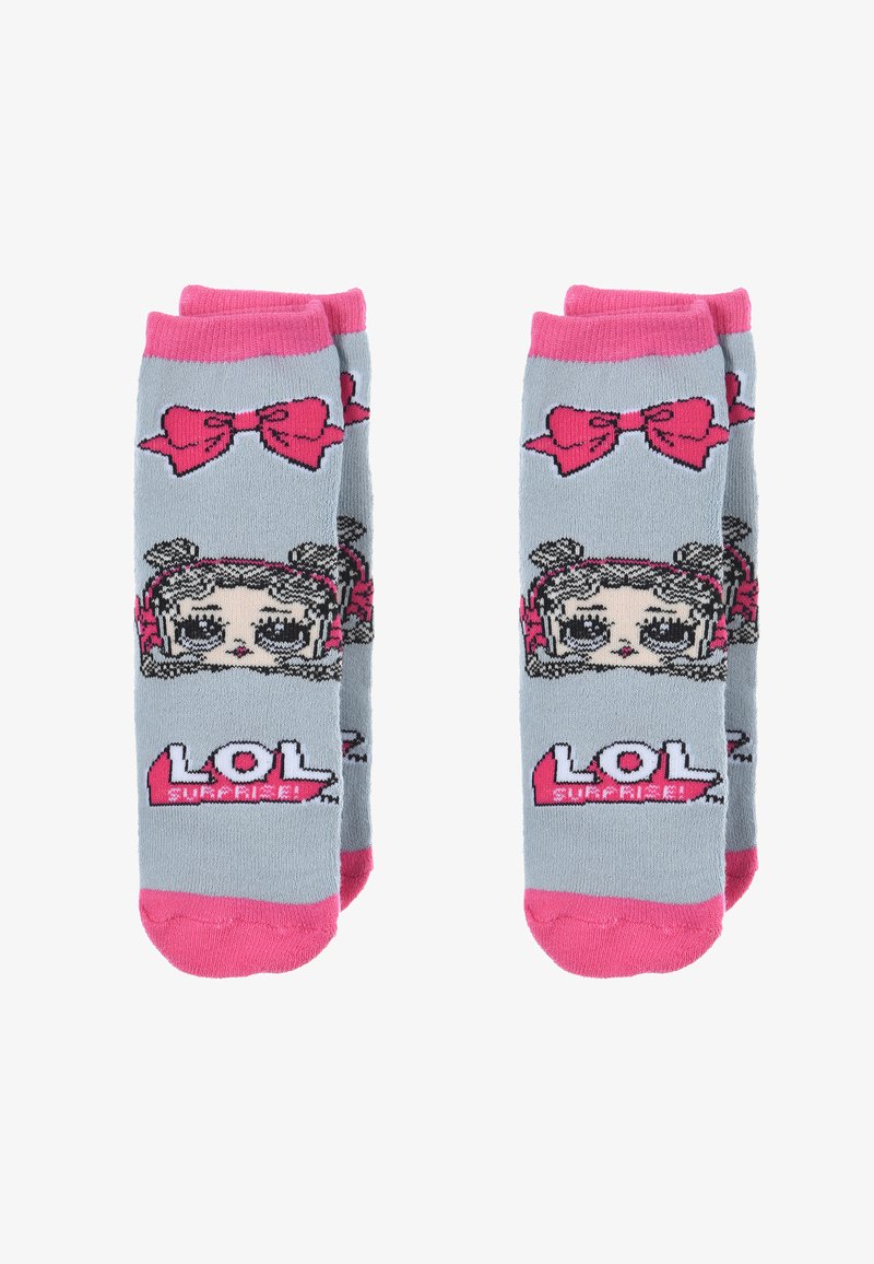 Gray socks featuring a cartoon character with pigtails, pink bow designs, and bold "LOL Surprise!" text, accented with pink cuffs and soles.