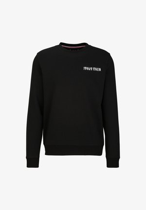Schwarzer Sweatshirt aus Baumwolle. Gerippter Rundhalsausschnitt, lange Ärmel und Bündchen. Auf der Brust befindet sich der weiße gestickte Text "1969 ITALIA".