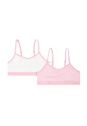 Twee roze en witte sportieve bralettes met verstelbare bandjes, eentje in effen wit en eentje met roze strepen, beide met Polo Ralph Lauren logo banden.