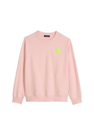 Lichtroze lange mouw sweatshirt met geribbelde boorden en zoom, met een kleine neongroene tennisbal afbeelding op de linkerborst.