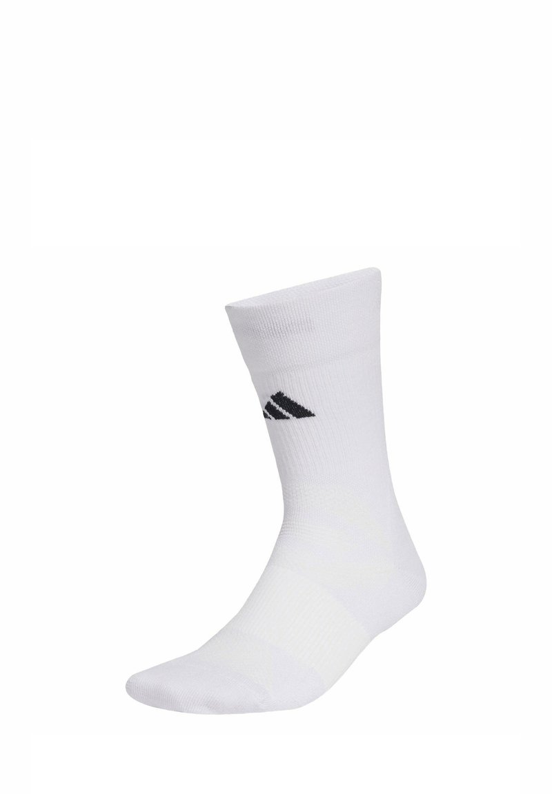 White athletic sock, mid-calf length, made of cotton blend, featuring ribbed texture and a black logo on the ankle.