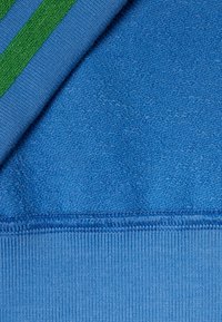 Tessuto blu con texture variabili; un lato è liscio mentre l'altro presenta una superficie pelosa. Lungo il bordo è visibile una striscia verticale verde.