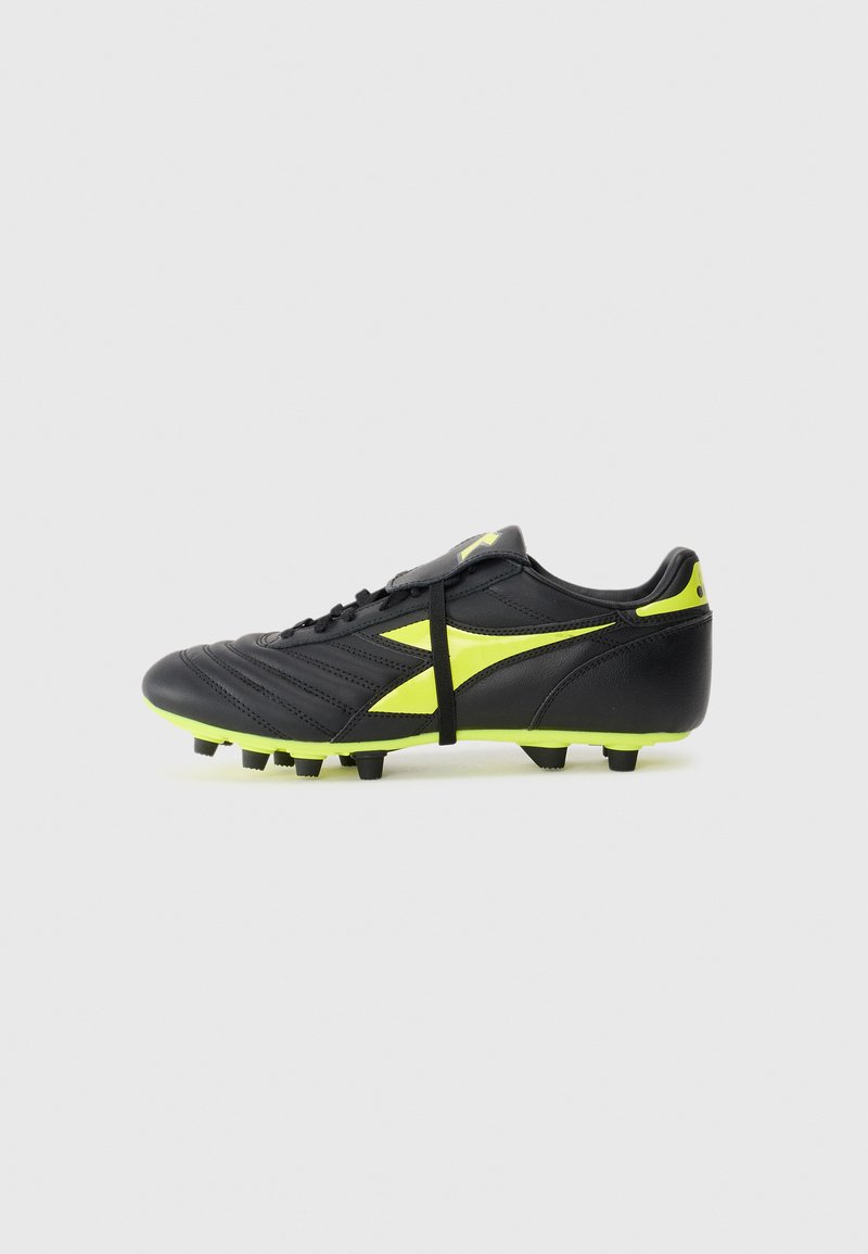 Black soccer cleat with bright yellow accents. Features a textured leather upper, lace closure, and multiple molded studs on the sole.