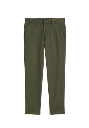 Olive green cotton pants with a smooth texture. Features two front pockets and a straight leg design. Clean finish along the hems.