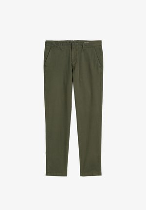 Olivgrüne Baumwollhosen mit glatter Textur. Verfügt über zwei Vorderaschen und ein gerades Bein Design. Sauberer Abschluss an den Säumen.