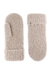 Beige mittens made of soft, textured material. Features a thick cuff and a small logo tag on the side. Warm and cozy design.