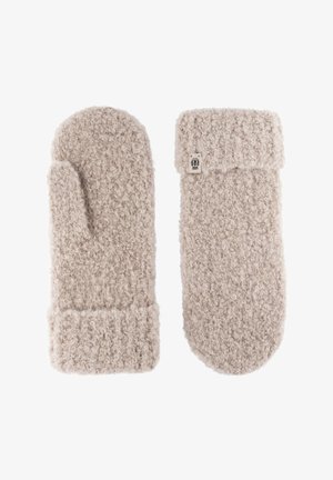 Beige mittens made of soft, textured material. Features a thick cuff and a small logo tag on the side. Warm and cozy design.