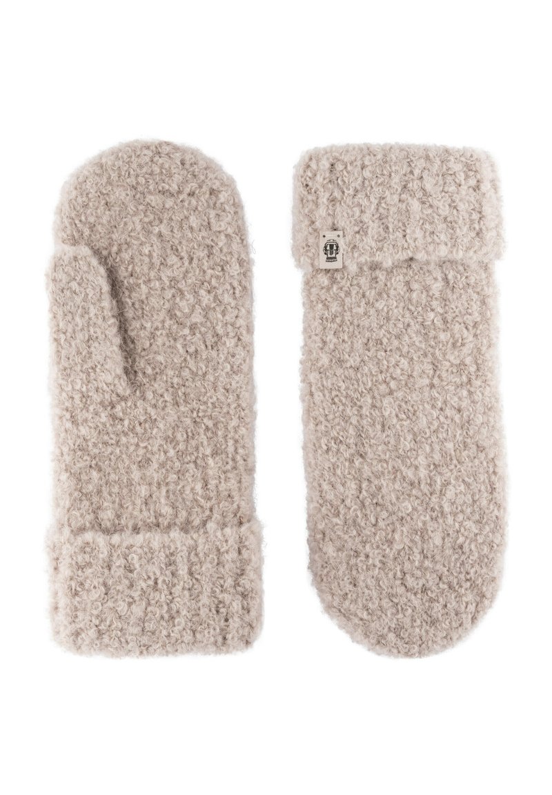Beige mittens made of soft, textured material. Features a thick cuff and a small logo tag on the side. Warm and cozy design.