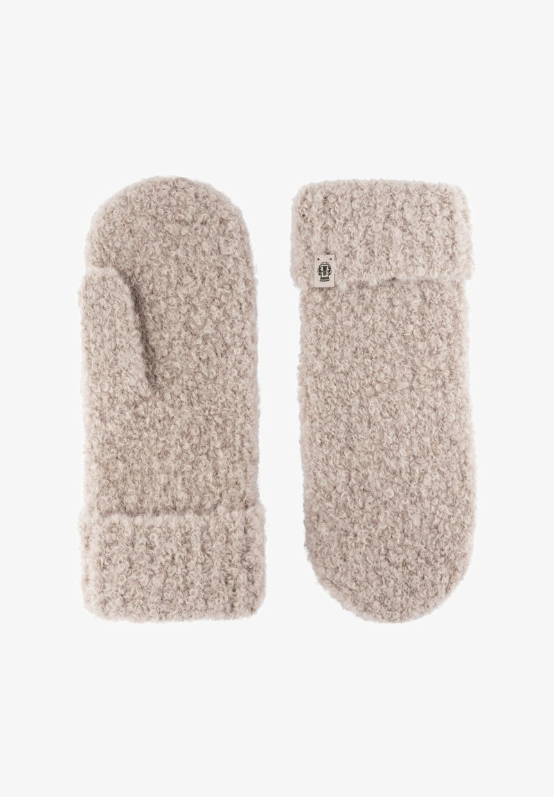 Beige Handschuhe aus weichem, strukturiertem Material. Besitzen einen dicken Bund und ein kleines Logo-Tag an der Seite. Warmes und gemütliches Design.