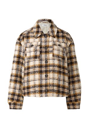 Hochgeschnittene Baumwolljacke mit einem karierten Muster in Braun, Beige und Schwarz sowie zwei geknöpften Brusttaschen.