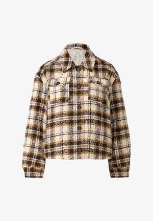 Hochgeschnittene Baumwolljacke mit einem karierten Muster in Braun, Beige und Schwarz sowie zwei geknöpften Brusttaschen.