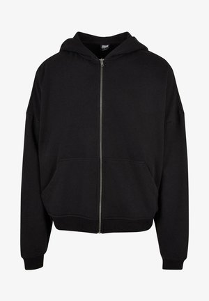 Schwarze Zip-Hoodie mit Kapuze, langen Ärmeln und zwei Fronttaschen. Hergestellt aus weichem Baumwollmischgewebe mit gerippten Bündchen und Saum.