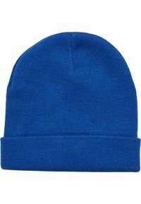 Gorro de punto azul con un dobladillo, hecho de una tela suave y texturizada. Acabado liso sin patrones o adornos adicionales.