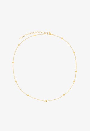 Collana in oro con piccole perline rotonde distanziate uniformemente lungo la catena. Lunghezza regolabile con chiusura a moschettone.