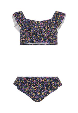 Bloemige bikini-set met een donkerblauwe achtergrond en kleurrijke bloemen, met ruches op de schouders en bijpassende ruches aan de onderkant.