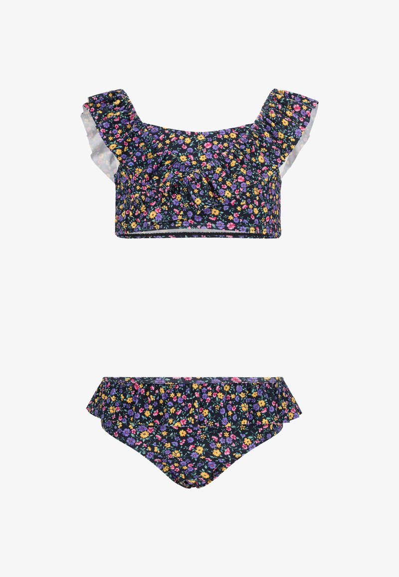Floral bikini set featuring a dark navy background with colorful flowers, ruffled sleeves on top, and matching ruffled trim on bottom.