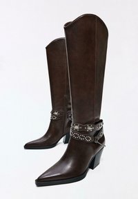 Smeđe kožne čizmice do koljena sa šiljatim vrhovima, debelom petom i remenom s zakovicama. Imaju bočni patent zatvarač za jednostavno nošenje.