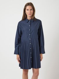 Navy blue pleated dress with a collared neckline, front button closure, and long sleeves. Made of smooth fabric with structured pleats at the hem.